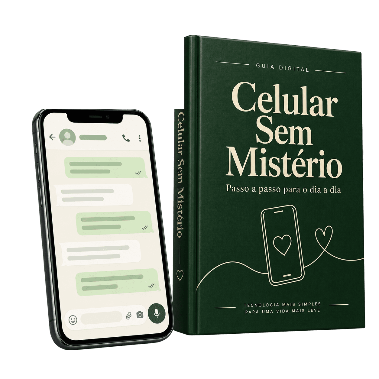 Representação ilustrativa do guia digital Celular Sem Mistério, ao lado de um celular com uma tela ilustrativa de mensagens